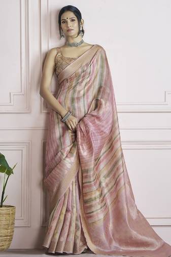 peach handloom khadi silk blend with digital print with zari border casual wear saree