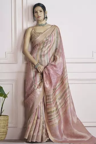 peach handloom khadi silk blend with digital print with zari border casual wear saree