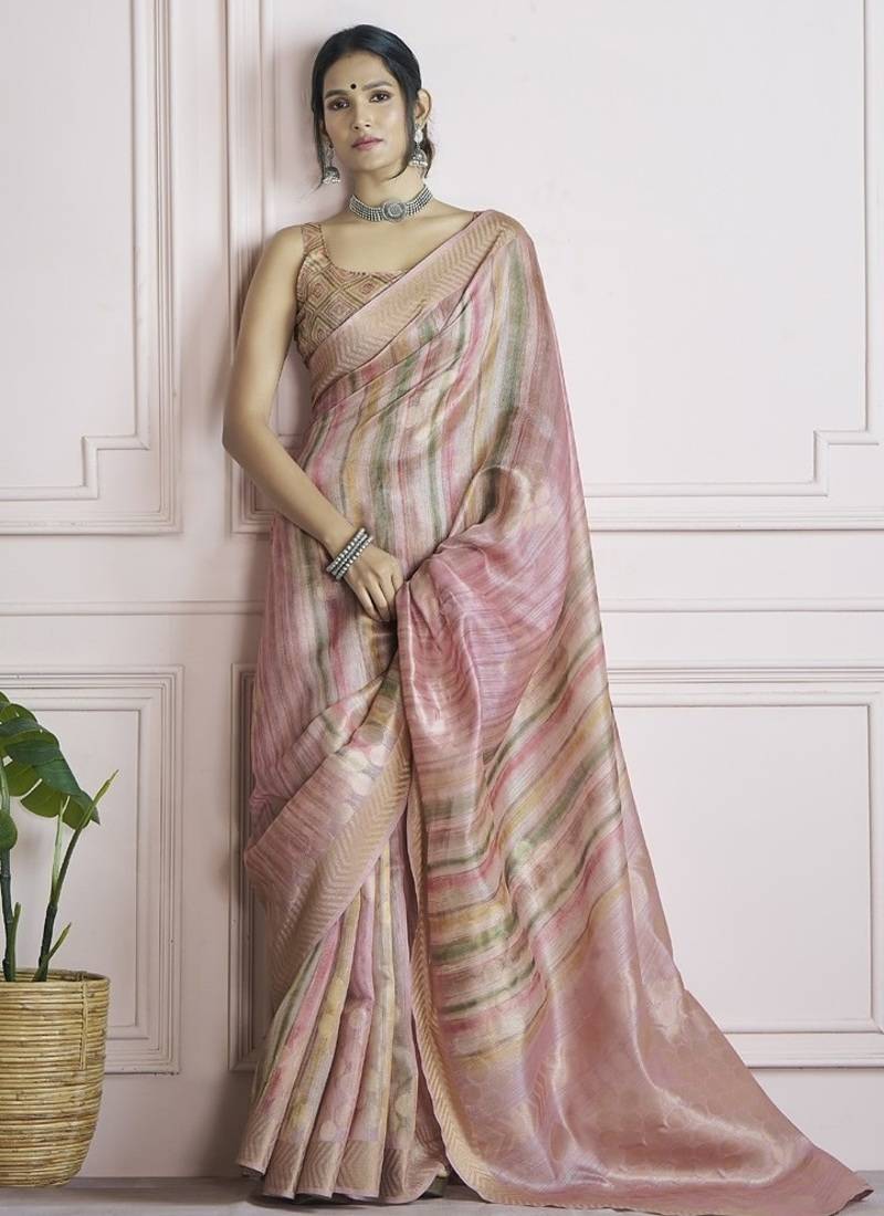 peach handloom khadi silk blend with digital print with zari border casual wear saree