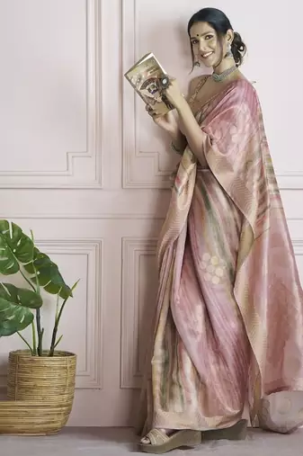 peach handloom khadi silk blend with digital print with zari border casual wear saree