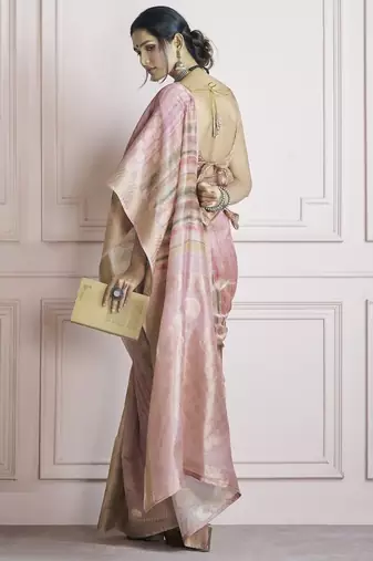 peach handloom khadi silk blend with digital print with zari border casual wear saree