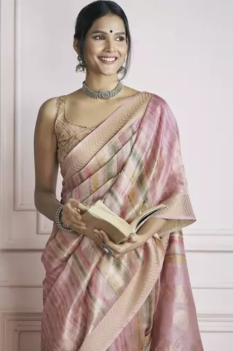 peach handloom khadi silk blend with digital print with zari border casual wear saree