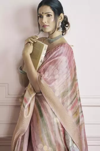 peach handloom khadi silk blend with digital print with zari border casual wear saree