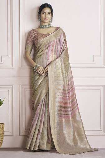 beige handloom khadi silk blend with digital print with zari border casual wear saree
