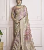 beige handloom khadi silk blend with digital print with zari border casual wear saree