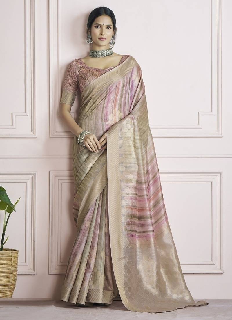 beige handloom khadi silk blend with digital print with zari border casual wear saree