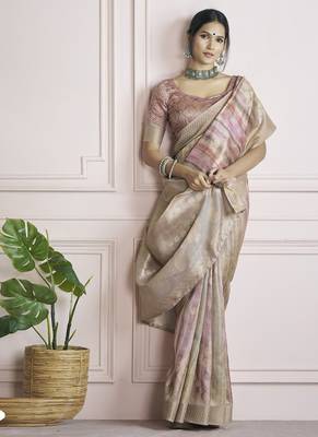 beige handloom khadi silk blend with digital print with zari border casual wear saree 2