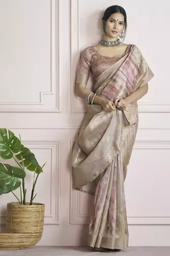 beige handloom khadi silk blend with digital print with zari border casual wear saree