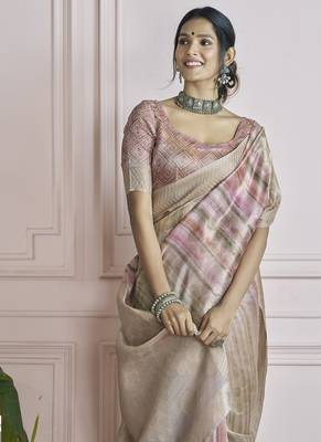 beige handloom khadi silk blend with digital print with zari border casual wear saree 3