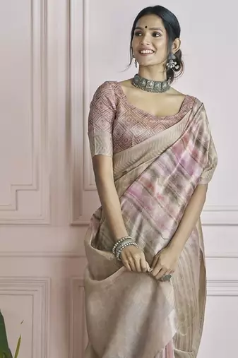 beige handloom khadi silk blend with digital print with zari border casual wear saree