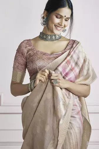 beige handloom khadi silk blend with digital print with zari border casual wear saree