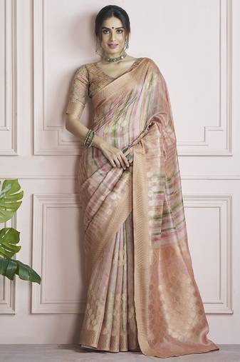 peach handloom khadi silk blend with digital print with zari border casual wear saree