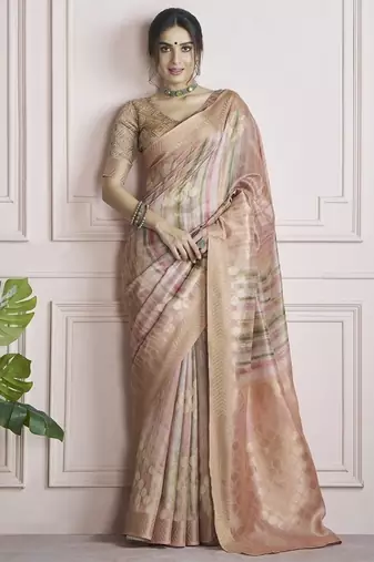 peach handloom khadi silk blend with digital print with zari border casual wear saree