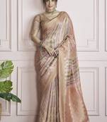 peach handloom khadi silk blend with digital print with zari border casual wear saree