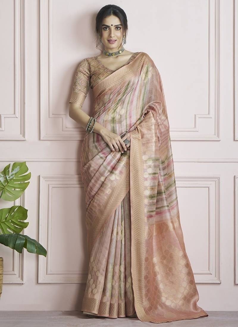 peach handloom khadi silk blend with digital print with zari border casual wear saree