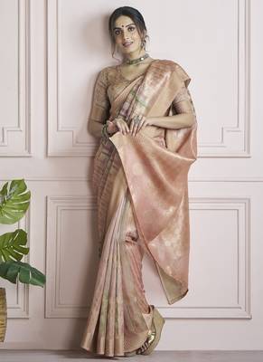 peach handloom khadi silk blend with digital print with zari border casual wear saree 2
