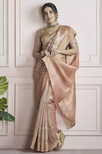peach handloom khadi silk blend with digital print with zari border casual wear saree