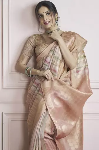peach handloom khadi silk blend with digital print with zari border casual wear saree