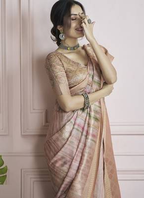 peach handloom khadi silk blend with digital print with zari border casual wear saree 4