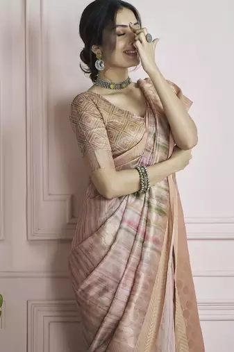 peach handloom khadi silk blend with digital print with zari border casual wear saree