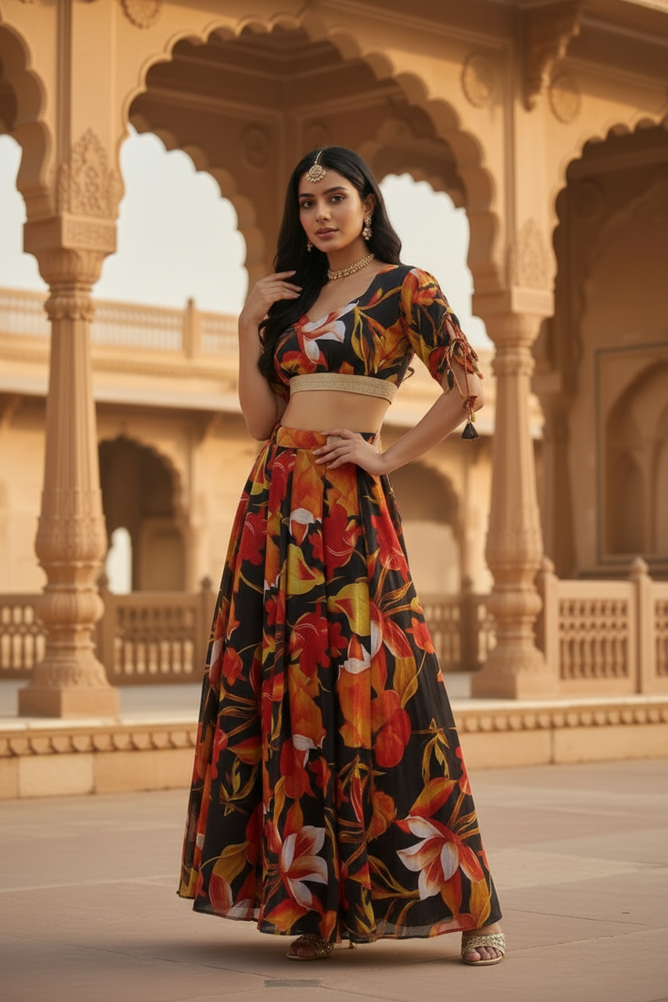 Black Digital Printed Lehenga Choli Without Dupatta