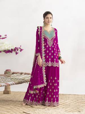 Magenta chinon silk Embroidered Salwar suit - Full Stitched Free size 1