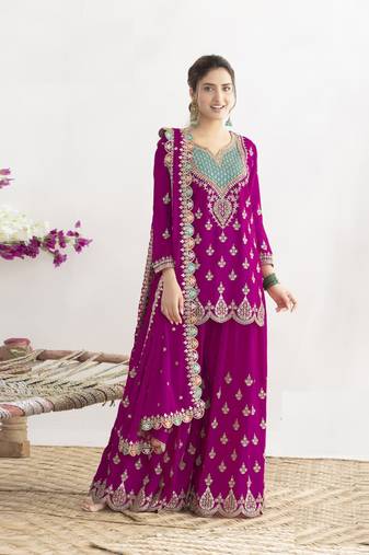 Magenta chinon silk Embroidered Salwar suits