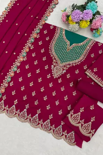 Magenta chinon silk Embroidered Salwar suit - Full Stitched Free size