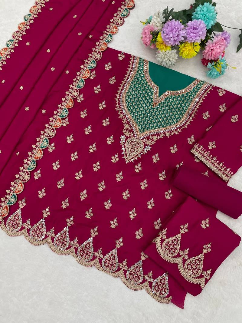 Magenta chinon silk Embroidered Salwar suits
