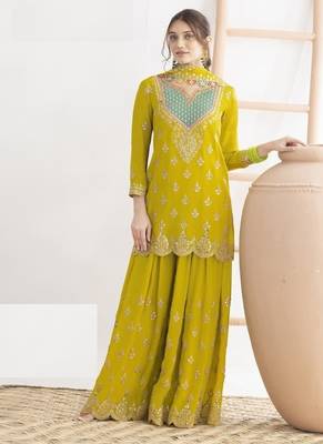 Lemon chinon silk Embroidered Salwar suit 1