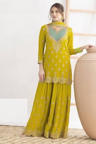 Lemon chinon silk Embroidered Salwar suits