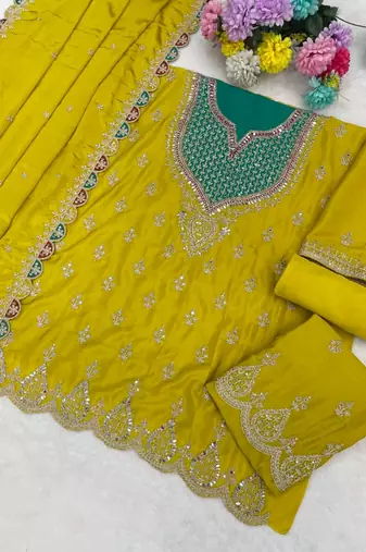 Lemon chinon silk Embroidered Salwar suit