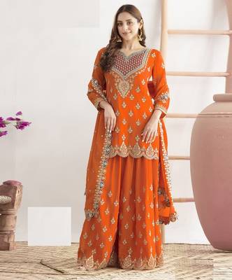 Orange chinon silk Embroidered Salwar suit 1