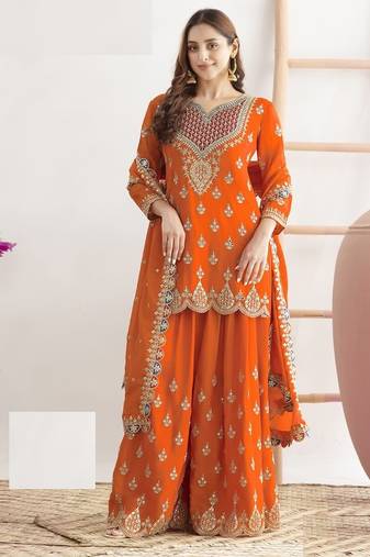 Orange chinon silk Embroidered Salwar suits