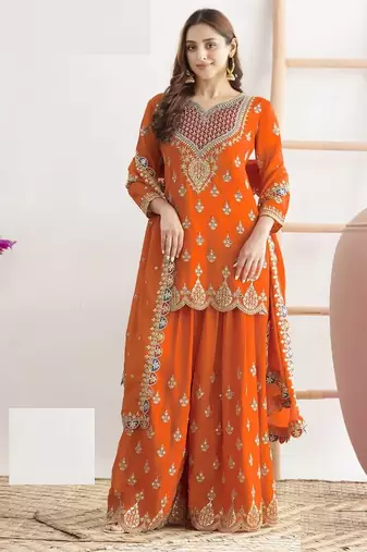 Orange chinon silk Embroidered Salwar suits