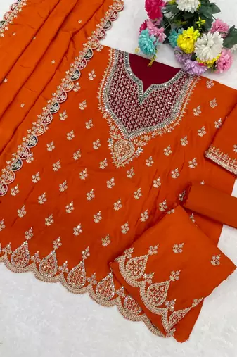 Orange chinon silk Embroidered Salwar suit