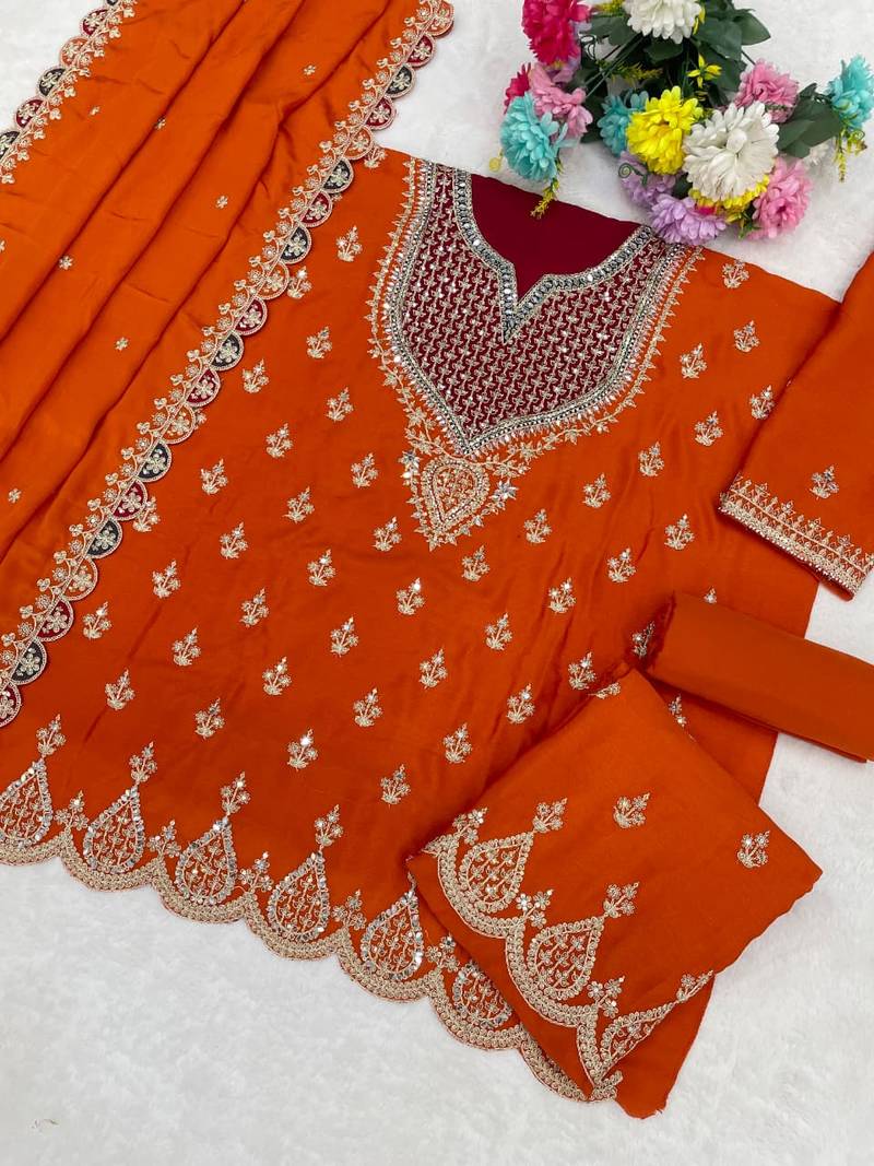 Orange chinon silk Embroidered Salwar suits