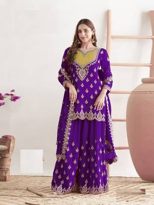 Blue chinon silk Embroidered Salwar suit - free size 1
