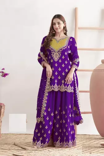 Blue chinon silk Embroidered Salwar suits
