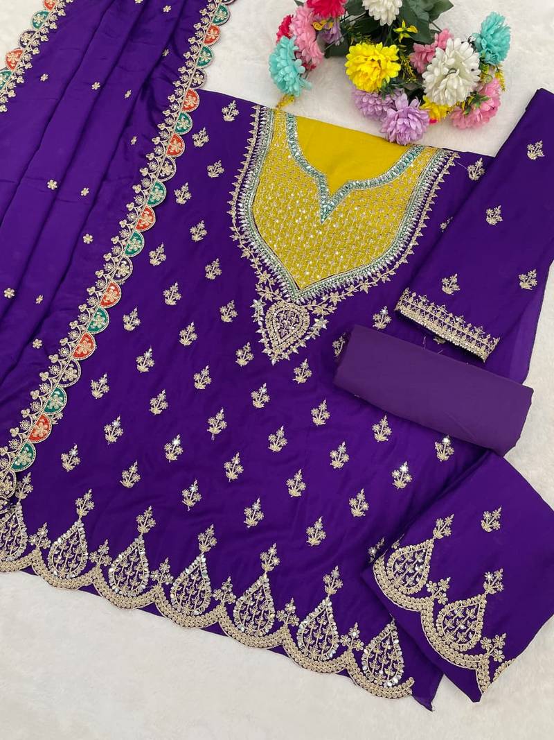 Blue chinon silk Embroidered Salwar suits