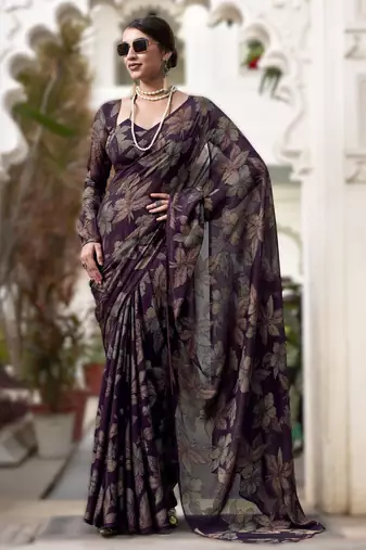wine floral lurex brasso saree with subtle shine     alara catalogue
