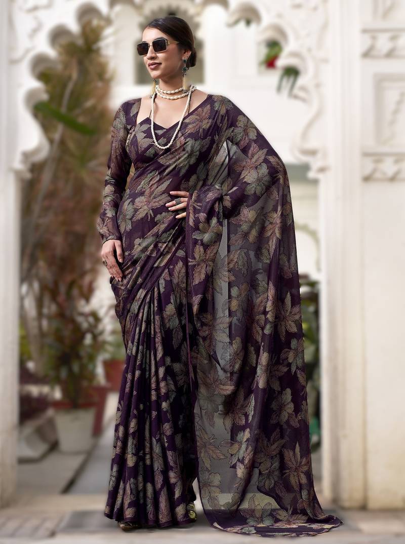 wine floral lurex brasso saree with subtle shine     alara catalogue