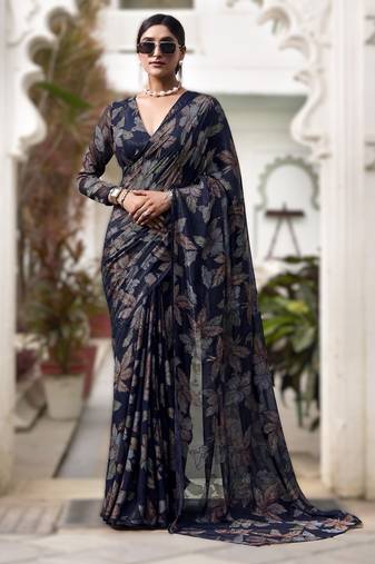 navy blue floral lurex brasso saree with subtle shine     alara catalogue