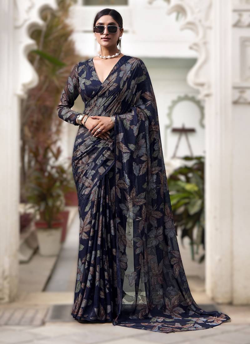navy blue floral lurex brasso saree with subtle shine     alara catalogue