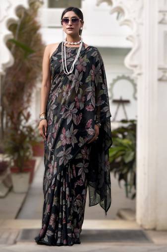 black floral lurex brasso saree with subtle shine     alara catalogue