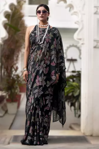 black floral lurex brasso saree with subtle shine     alara catalogue