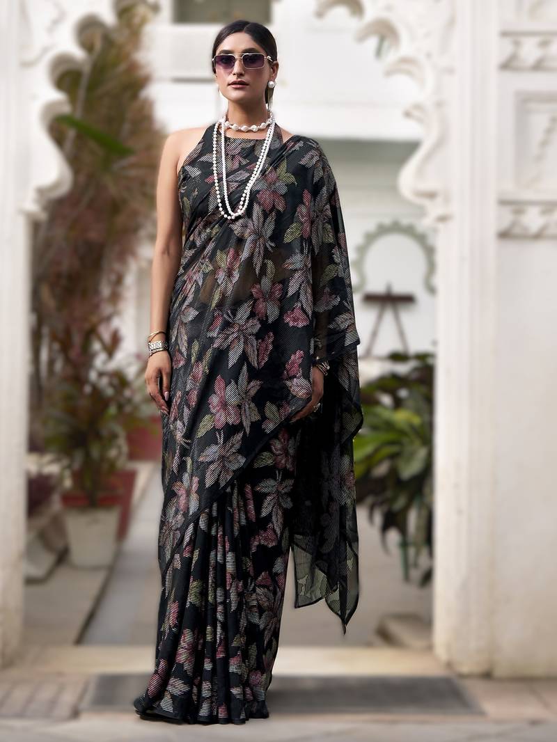 black floral lurex brasso saree with subtle shine     alara catalogue