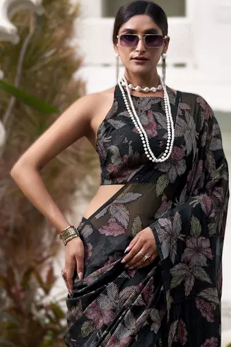 black floral lurex brasso saree with subtle shine  alara catalogue