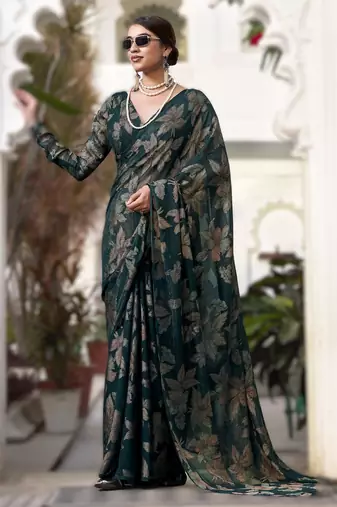 green  floral lurex brasso saree with subtle shine     alara catalogue