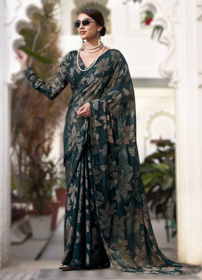 green  floral lurex brasso saree with subtle shine     alara catalogue